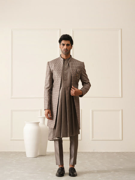Grey Art Silk Embroidered Sequins Indowestern Sherwani