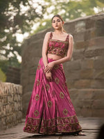 Pink Maroon Milano Silk Skirt & Top with Golden Embroidery