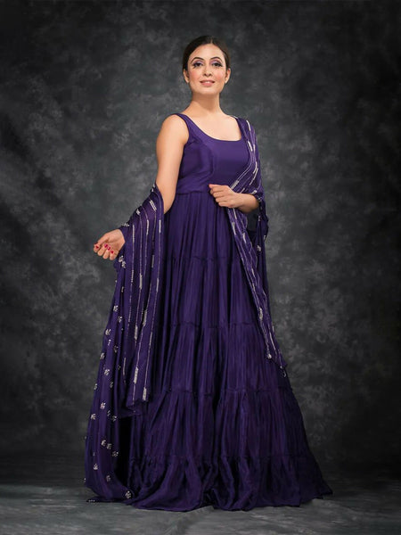 Wine Gown With Pearl Work Dupatta