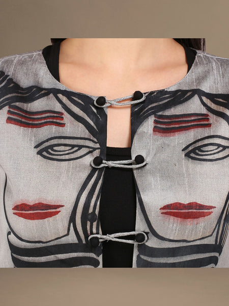 Hand-Painted Digital Print Raw Silk Jacket