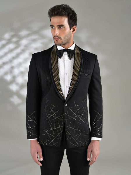 Opulent Black Slim 5 Piece Fit Suit: Sequin Embellishments