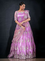 Regal Radiance: Violet Purple Sequins Anarkali Gown With Net Hand - Embrace Majestic Glamour