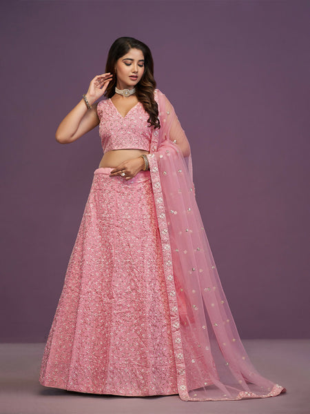 Graceful Pink Malai Silk Zari Embroidered Lehenga