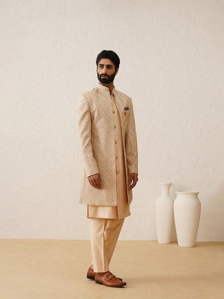 Elegant Peach Thread Embroidered Indowestern Set