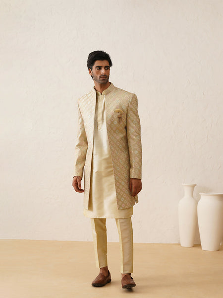Elegant Beige Art Silk Embroidered Indowestern Sherwani