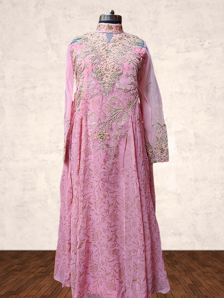 Blushing Bloom Pink Embroidered All Over Printed Kurta