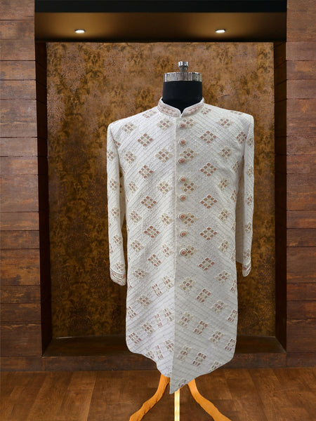 Off White Silk Sherwani with Jardoshi Embellishments