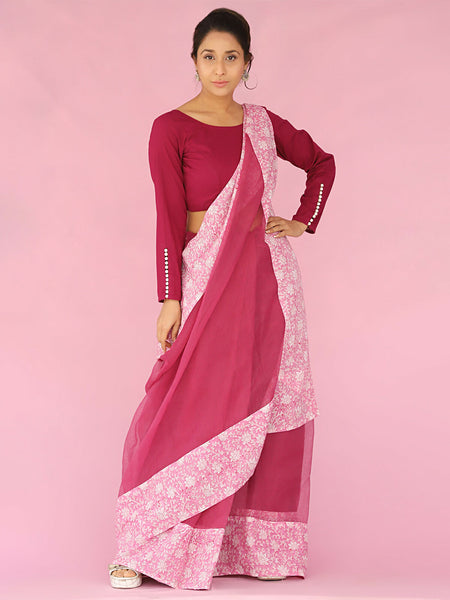 Pink Saree With Stitched Blouse Piece