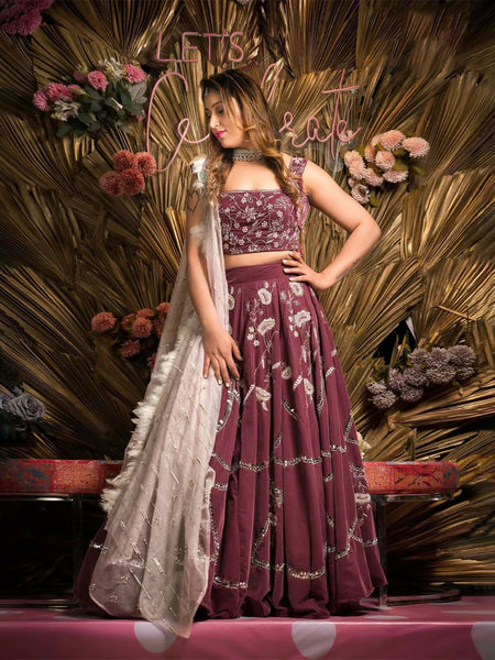 Maroon Velvet Lehenga Choli with Lavender Dupatta