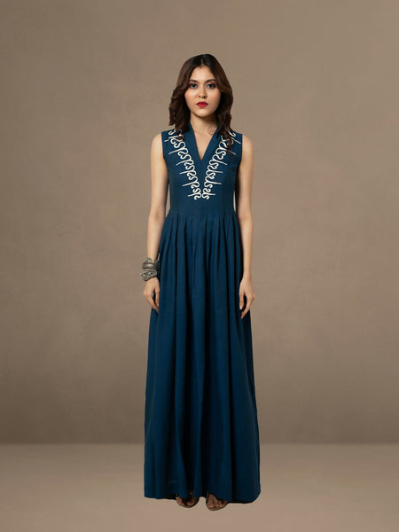 Teal Bliss: Hand-Embroidered Cotton Blend Maxi Dress