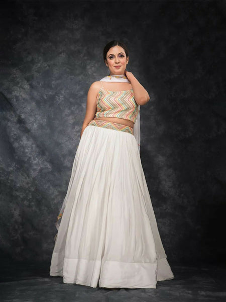 White Crepe Skirt Crop Top & Dupatta