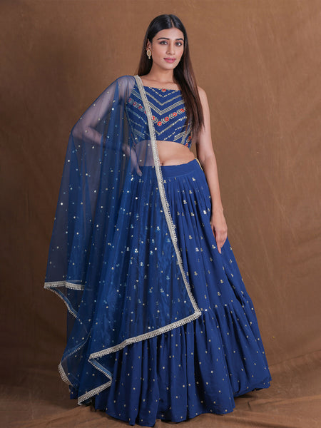 Blue Ruffle Lehenga Choli with Sequins Embroidery