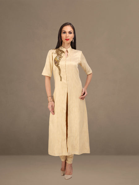 Chic Cotton Silk Suit: Front Slit & Hand Embellishment