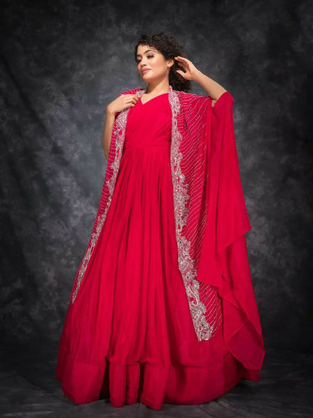 Bright Red Gown With Dupatta