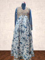 Timeless Allure: White & Blue Raw Silk Kalidar Gown