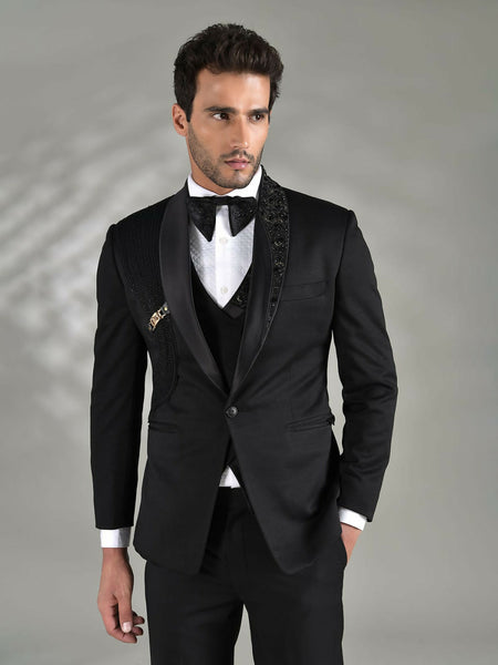 Midnight Majesty: Italian Black Slim-Fit Suit with Elegant Embellishments