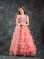 Peach Pink Frill Skirt & Crop Top With Dupatta