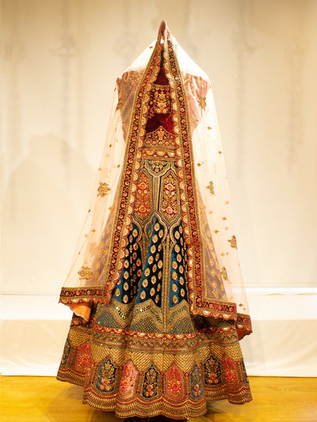 Navy Blue Velvet Bridal Lehenga Choli with Zari and Zardozi Embellishments