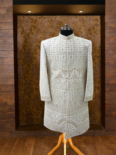 White Silk Sherwani with Embroidery & Zari Hand Work