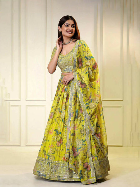 Green Digital Printed Organza Lehenga Choli