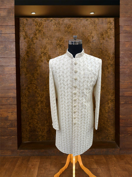 Off-White Silk Sherwani with Mirror Work