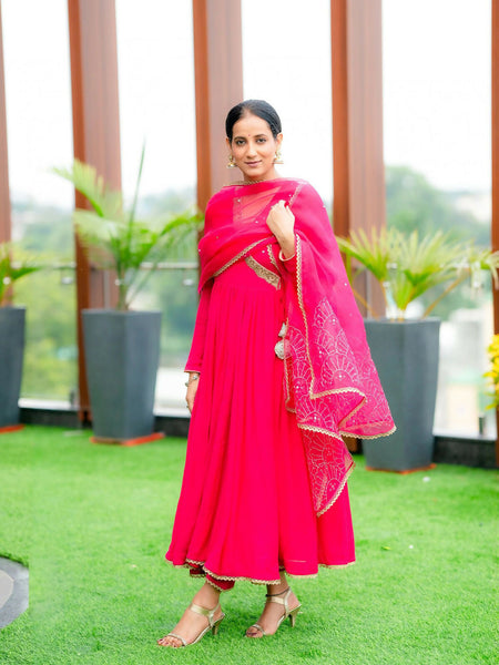 Fuchsia Pink Crinkle Cotton Anarkali: Zardosi Work & Blue Tassels