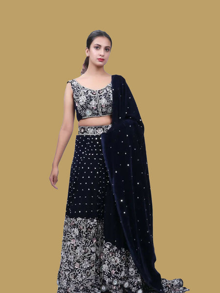 Navy Blue Pure Velvet Lehenga Blouse