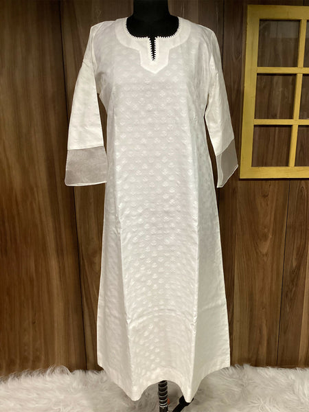 White Jamdani Straight Sleeve Kurta Pant