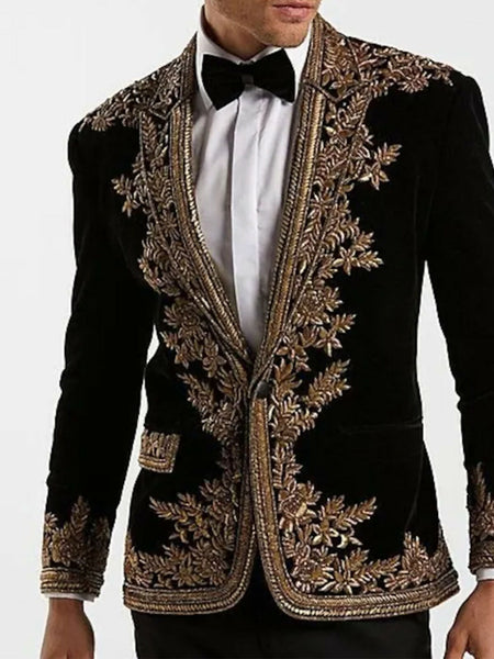 Midnight Majesty: Black Velvet Slim-Fit Suit with Intricate Embroidery