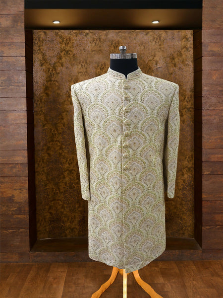 Cream Silk Sherwani with Embroidery & Zari Hand Work