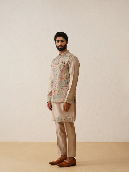 Brown Thread Embroidered Waistcoat Kurta Set