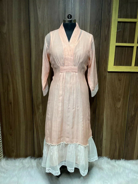 Salmon Pink Chanderi V-Neck Kurta with Cream Frill