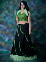 Black Khadi Cotton Crop Top & Skirt With Green Printed Blouse