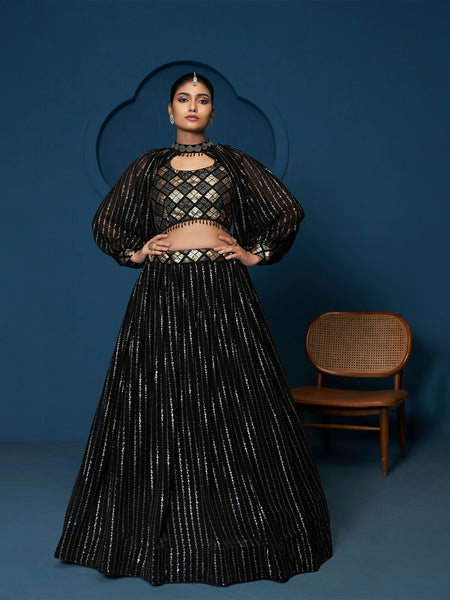 Black Georgette Sequins Work Crop Top Skirt