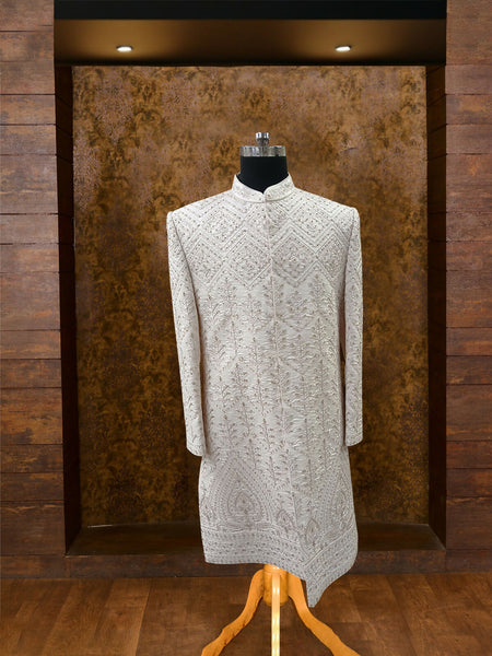 Opulent Cream Silk Sherwani with Diamond and Zari Work