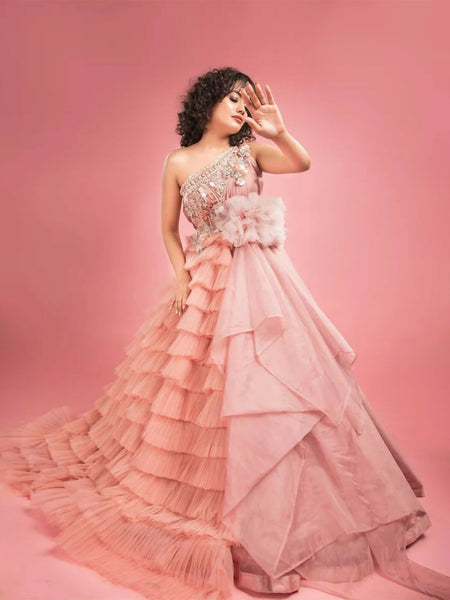 Peach Pink Multi Layer Gown With Designer Fall