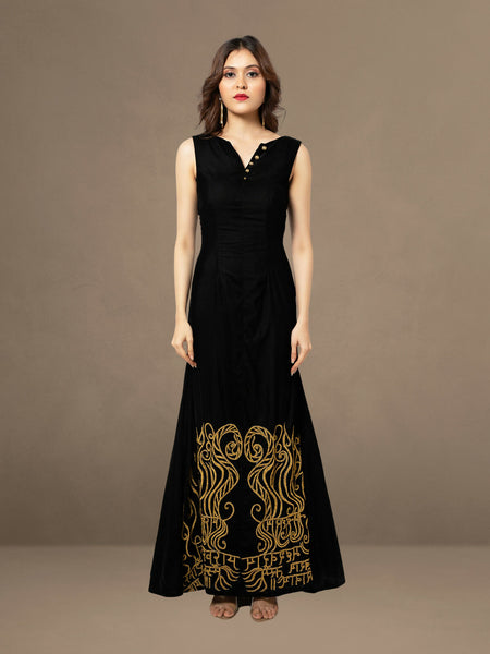 Opulent Obsidian: Hand-Embroidered Velvet Gown