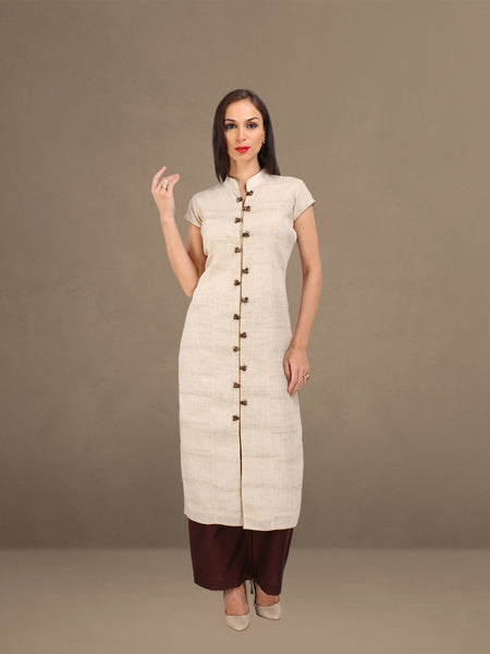 Off-White Cotton Kurta Palazzo Set: Stand Collar & Cap Sleeves