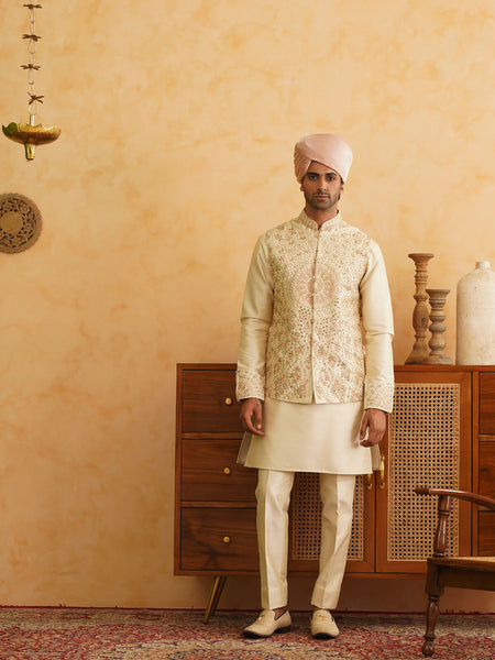 Beige Resham & Mirror Embroidered Waistcoat Kurta Set