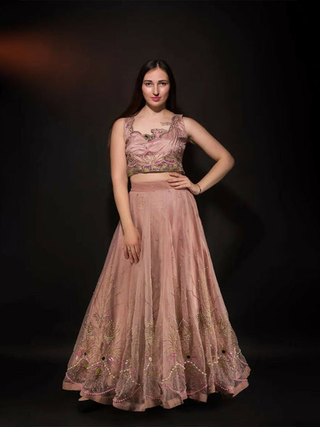 Dusty Peach Lehenga Choli With Golden Silver Embroidery