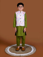 Floral Jacket with Olive Green Kurta Set