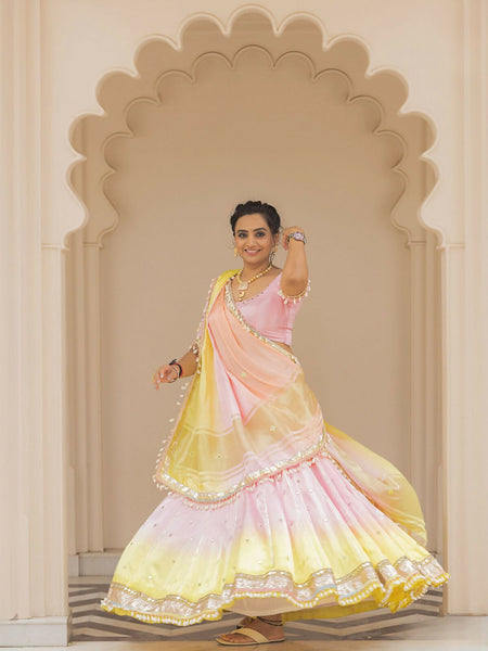 Pastel Raw Silk Chaniya Choli with Mirror Work