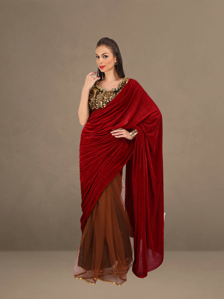 Scarlet Splendor: Velvet & Net Scoop Neck Saree Ensemble