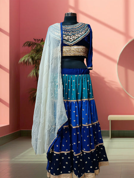 Enchant in Royal Blue Georgette Layered Lehenga Ensemble