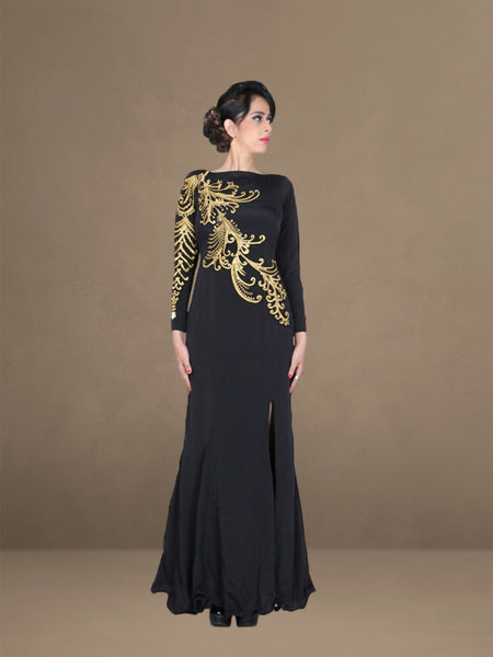 Golden Noir: Crepe Sabrina Neck Gown with Long Sleeves