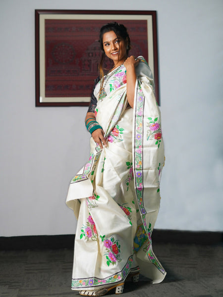 Pattachitra Cloud White Designer Tussar Silk Saree