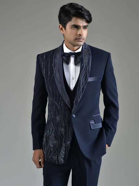 Regal Blue: Italian Fabric Suit with Shawl Lapel and Intricate Embellishments