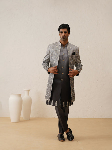 Grey Embroidered Art Silk Sequins Indo-western