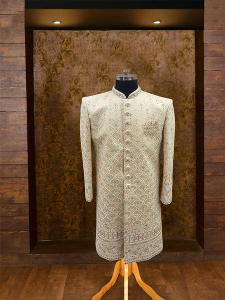 Beige Silk Sherwani with Jardoshi and Diamond Work