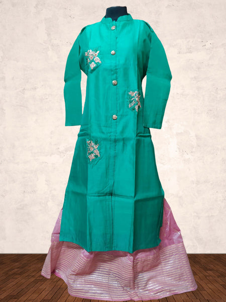 Peacock Green & Pink Raw Silk High Neck Kurta with Aline Embroidered Skirt